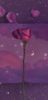 A vivid mobile wallpaper with a rose in front of a mystical night sky and crescent moon.