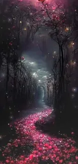 Mystical dark path with glowing roses in a fantasy landscape.