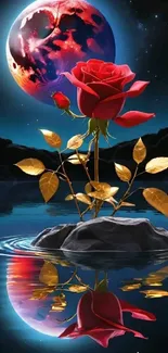 Mystical rose with golden leaves reflects under a cosmic moonlit sky.