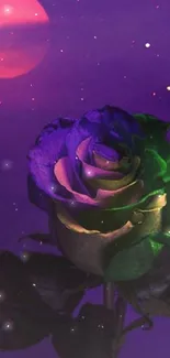 A mystical purple rose with neon moon backdrop.