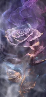 Mystical purple rose with ethereal smoke effect on a dark background.