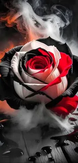 Mystical red and black rose with smoke effect on a mobile wallpaper.