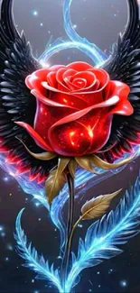 Glowing red rose with dark wings mobile wallpaper.