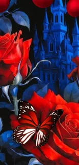 Gothic castle with red roses and butterfly art.
