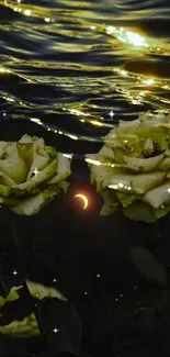 Mystical roses under golden water shimmer with crescent moon at center.