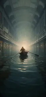 Serene journey through a mystical library on a rowboat, illuminated path ahead.