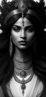 Black-and-white goddess portrait art with intricate patterns and royal elegance.