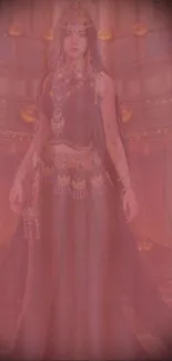 Mystical royal princess with ornate attire in rose-hued fantasy setting.