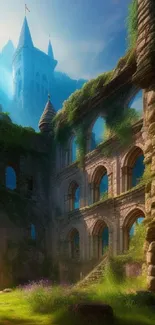 Mystical ruins with sunlight and lush greenery creating a magical atmosphere.