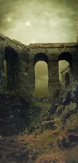 A mysterious ancient ruins scene with dark green tones under a dramatic sky.