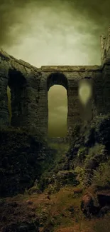 Mystical ruins with ancient stone arches under an enigmatic sky.