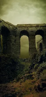 Ancient ruins with stone arches under an olive green sky.