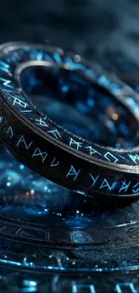 Mystical glowing rune ring on a dark background.