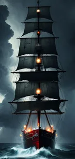 Tall ship sailing through stormy sea at night.