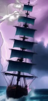 Mystical sailing ship with violet lightning.