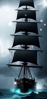 A mystical sailing ship navigates through a dark, starry ocean under a night sky.