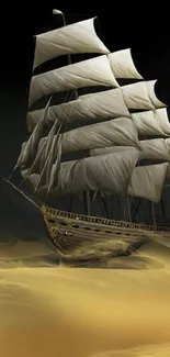 A sailing ship glides over golden sands under a dark sky.