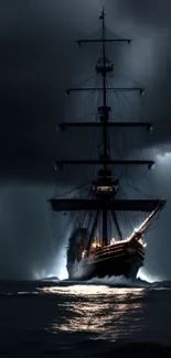 A majestic sailing ship illuminated against a stormy, dark ocean backdrop.