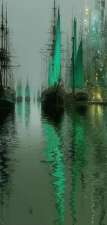 Sailing ships with green sails reflecting on water next to a cityscape.