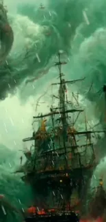 Mystical storm scene with ship at sea, teal tones dominate.