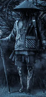 Mystical samurai warrior shrouded in blue mist amidst dark woods.