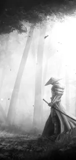 Samurai in a foggy forest creates a mystical mobile wallpaper.