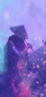 Samurai in mystical purple haze with artistic fantasy flair.