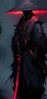 Silhouette of a dark-cloaked samurai with red highlights in a mysterious setting.