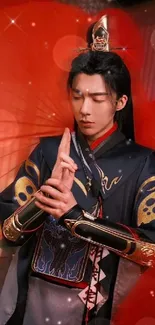 Samurai in traditional attire with a mystical red background.