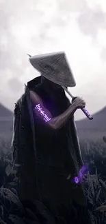 Samurai in moonlit field with glowing purple symbols.