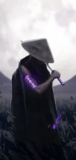 Samurai under full moon with glowing purple sword in field.