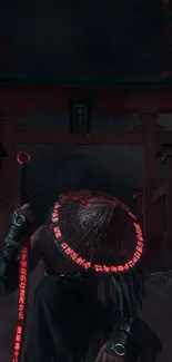 Samurai sitting in a dark, mystical landscape with red highlights.