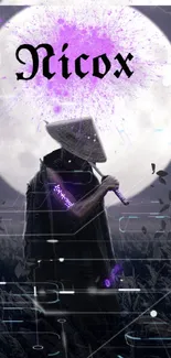 Mystical samurai under a bright moon with purple accents in a night field.