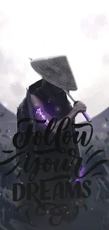 Mystical samurai under moonlight with inspirational text.
