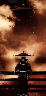 Mystical samurai silhouette among clouds in sepia tones.