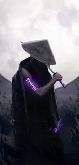 Silhouette of a mysterious samurai under a glowing full moon with purple accents.