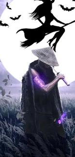 Samurai under full moon with witch silhouette in dark field.