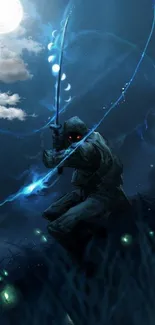 Samurai with glowing sword under moonlit sky, surrounded by mystical blue hues.