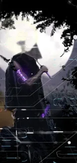 Mystical samurai with sword in dark cyber-themed backdrop.