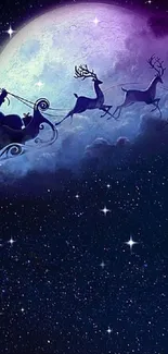 Santa and reindeer flying against a full moon in a starry night sky.