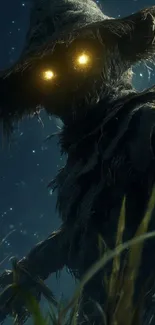 A mystical scarecrow with glowing eyes under a starlit night sky.