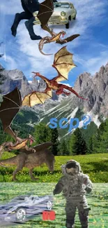 Fantasy scene with dragons over mountains.