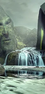 Mystical landscape featuring stone faces and a waterfall in a fantasy setting.