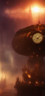 Mystical sci-fi fantasy wallpaper with clock tower and orange glow.