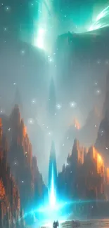 Mystical sci-fi landscape with glowing cliffs.