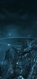 Futuristic UFO in dark starry nightscape, with mysterious mountains.