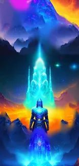 Futuristic knight in a colorful, mystical cosmic landscape.