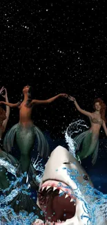 Mermaids dance with shark under starry sky.