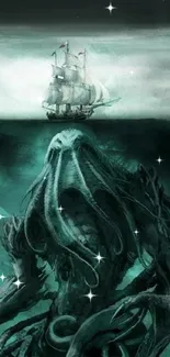 Mystical sea monster with ship in teal ocean.