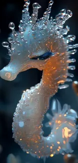 Mystical seahorse with water bubbles in an underwater scene.